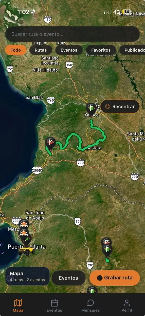 Pantalla real de la app ORVIA: mapa de rutas en Nayarit con ruta activa, eventos y avatares de vehículos